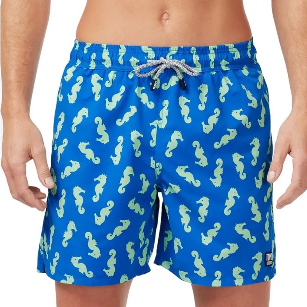 TOM & TEDDY Seahorse Print Swim Trunks Size S in Navy/ Pale Green NWT